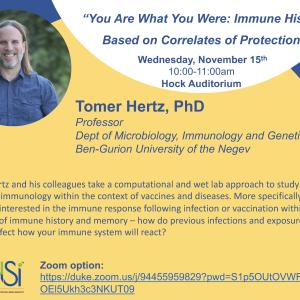 This is a flyer for Tommer Hertz's Seminar, who is a Professor of Microbiology, Immunology, and Genetics at Ben-Gurion University of the Negev.